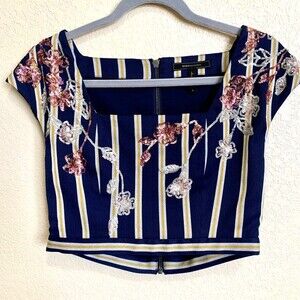 BCBGMaxAzria Blue Blouse women Sequined square neckline crop top size XS